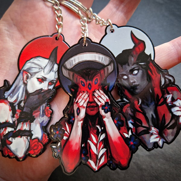 Demon Girl Keychains - 2.5 inch - See No Evil, Hear No Evil, Speak No Evil - golden chain - Angelic charms