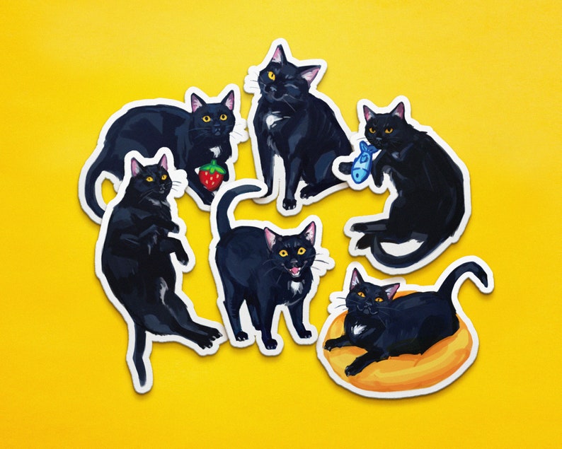 May include: Six black cat stickers with white markings. The cats are in various poses, including sitting, lying down, and playing with a toy fish. The stickers are on a yellow background.