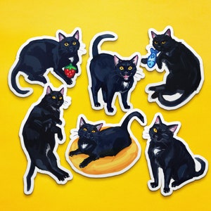 Black Cat Sticker Pack - 6 Matte Vinyl Stickers, Waterproof