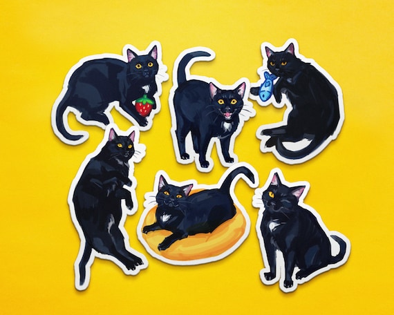 Black Cat Sticker Pack - 6 Matte Vinyl Stickers, Waterproof