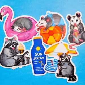 Stickers opossum d'été et raton laveur de plage - Stickers vinyle imperméables et résistants aux UV