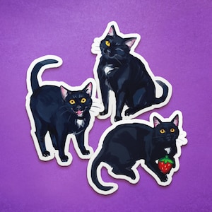 May include: Three black cat stickers with white markings. The cats are in different poses, one is sitting, one is standing, and one is holding a red strawberry.