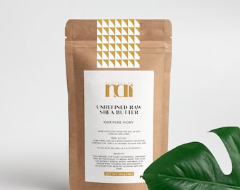 May include: A brown paper bag with a white label that reads "Naturally by nai Unrefined Raw Shea Butter 100% Pure Ivory Made with love from the nut of the African Shea Tree How to Use: Pure Ivory Shea is a moisturizing cream for everyday use. Apply as desired to hair and skin. It can also be used as a dry product. Benefits: This organic, soft, sun-nourishing Ghanaian Shea Butter is easy to break apart for your use without stress, waste, and mess. It is packed with vitamins and antioxidants necessary for healthy glowing skin and hair. Net Wt 16oz (1lb)"