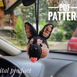 Schema portachiavi all'uncinetto, simpatici accessori per auto cane pastore tedesco, schema accessori interni, modelli Amigurumi