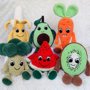 May include: A set of six crocheted plush toys shaped like fruits and vegetables. The toys include a banana, avocado, watermelon, carrot, broccoli, and kiwi. Each toy has a friendly face and is made with soft, colorful yarn.