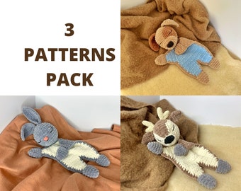 PATTERN PACK - Bunny Plush Lovey Rabbit Crochet Pattern | Puppy Security Blanket Dog Toy | Deer Amigurumi Comforter | Lovey toy patterns