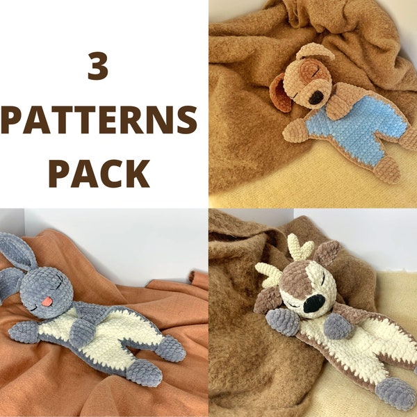 PATTERN PACK - Bunny Plush Lovey Rabbit Crochet Pattern | Puppy Security Blanket Dog Toy | Deer Amigurumi Comforter | Lovey toy patterns