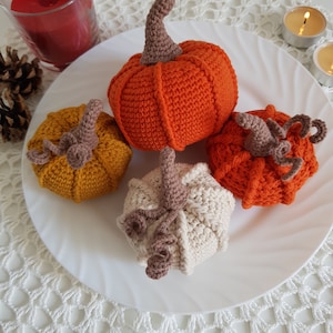 May include: Four crocheted pumpkins in different colors, orange, yellow, white and brown, on a white plate with a white crocheted doily underneath.