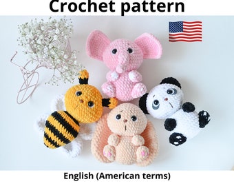 Tiere Häkelanleitung, Set 4 Amigurumi Hase, Pandabär, Elefant, Biene, einfach deutsche PDF-Anleitung, Häkelanleitung Spielzeug