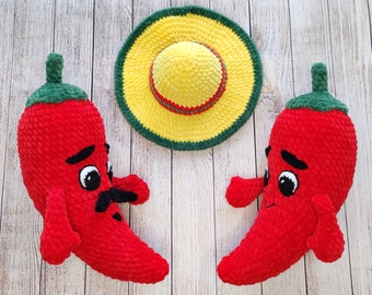 CROCHET PATTERN Hot Chili Pepper in sombrero hat, Amigurumi mexican pepper with eyes, mustache and hands, Plush crochet toy