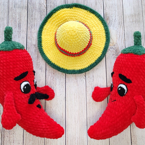 CROCHET PATTERN Hot Chili Pepper en chapeau sombrero, Piment mexicain Amigurumi avec yeux, moustache et mains, Jouet en peluche au crochet