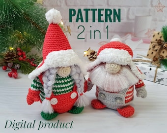 May include: Two crocheted Christmas gnomes. One gnome wears a red hat with a white pom-pom and a green and white striped shirt with red overalls. The other gnome wears a red hat with a white trim and a white beard. The image includes the text "PATTERN 2 in 1" and "Digital product".
