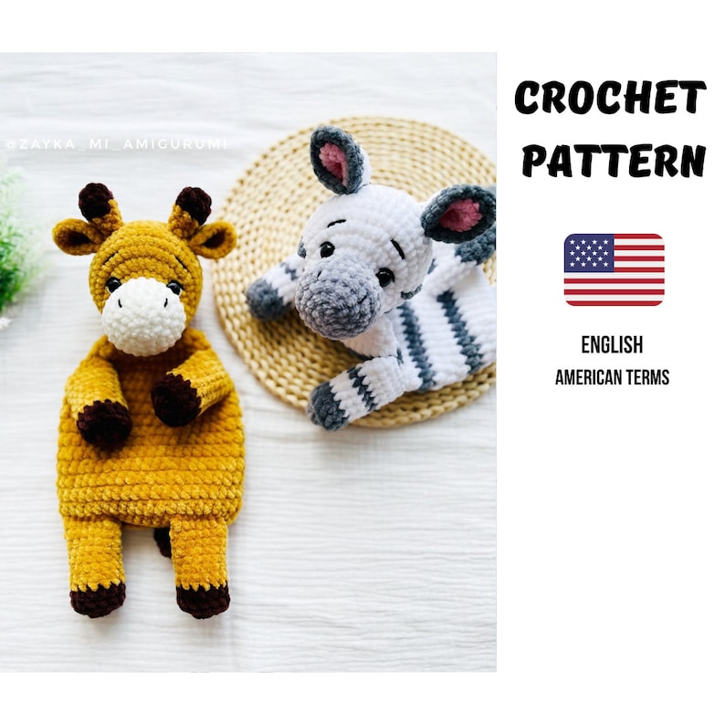CROCHET PATTERN 2 in 1 Giraffe and Zebra / Amigurumi giraffe security blanket / Newborn Lovey Pattern /Comforter /Crochet animals patterns image 1