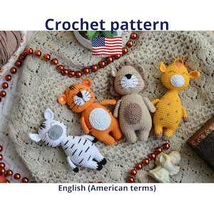 Animals crochet pattern, set 4 amigurumi zebra, lion, tiger, giraffe, safari mobile easy pattern, English , Crochet patterns toys