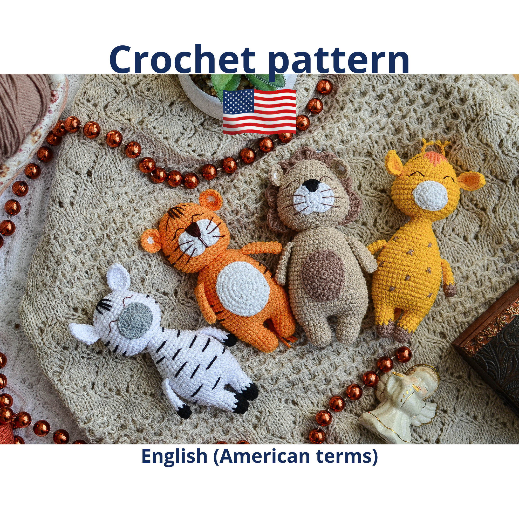 Animals crochet pattern, set 4 amigurumi zebra, lion, tiger, giraffe, safari mobile easy pattern, English , Crochet patterns toys