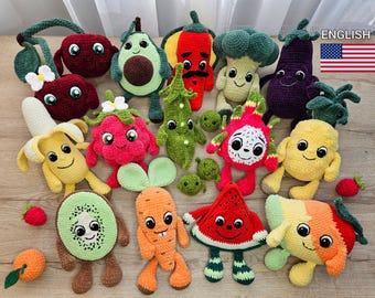 FRUITS + VEGETABLES: 14 Crochet patterns set, amigurumi fruits, vegetables and berries with eyes & hands, Plush crochet toys