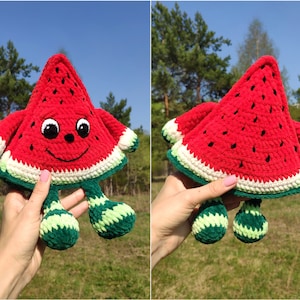 CROCHET WATERMELON PATTERN, Amigurumi watermelon slice with eyes and hands, Plush Soft toy Fruits, Plush crochet toys