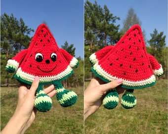 CROCHET WATERMELON PATTERN, Amigurumi watermelon slice with eyes and hands, Plush Soft toy Fruits, Plush crochet toys