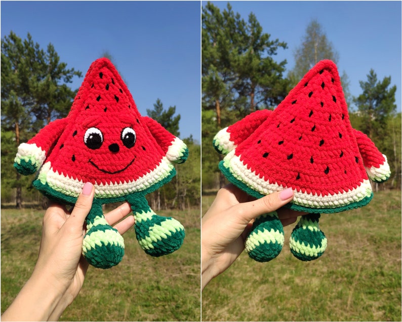 CROCHET WATERMELON PATTERN, Amigurumi watermelon slice with eyes and hands, Plush Soft toy Fruits, Plush crochet toys image 1