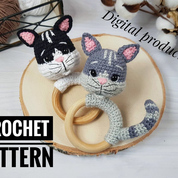 Baby rattle crochet cat pattern, amigurumi cat, cat stuffed animal, kitten toy pattern, Baby Toy, crochet teether, Amigurumi patterns