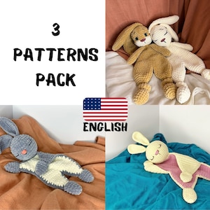 3 PATTERN PACK - Bunny Plush Lovey Crochet Pattern | Rabbit Security Blanket Snuggler Toy | Amigurumi Comforter Cuddle Toy - PDF only