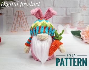 Crochet pattern Easter bunny gnome with carrot, Crochet gnome amigurumi pattern, Crochet Easter gnome pattern, Crochet Amigurumi patterns