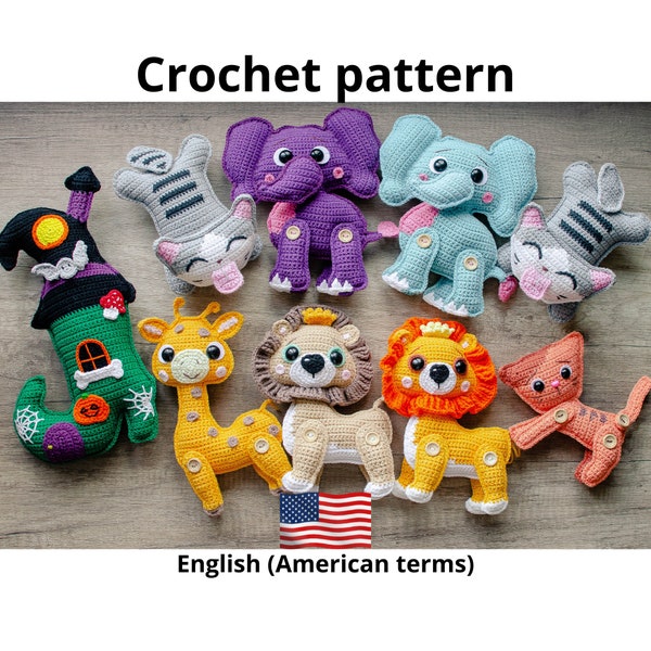 Сrochet patterns set animals - Giraffe, Lion, Elephant, Cat, Halloween house, little cat - Amigurumi patterns -  Crochet patterns toys