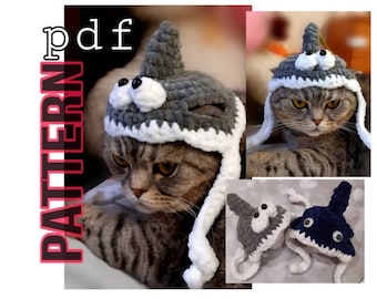 Crochet patterns hat for cats, shark hat, cat beanie pattern, crochet PATTERN for pets, shark hat crochet pattern, Easy crochet toy pattern