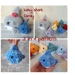baby shark family crochet pattern,Mom and baby shark crochet tutorial,shark stuffed animal, plush shark toy, Easy crochet toy pattern