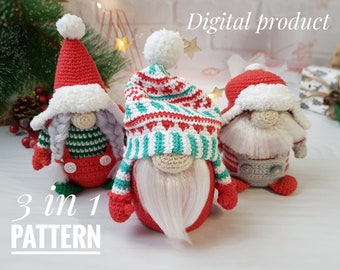 May include: Three crochet gnome patterns, each with a different hat: red with white trim, red and white striped with green accents, and red with white trim. The text "3 in 1 PATTERN" is at the bottom of the image.