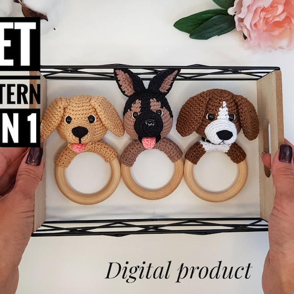 Crochet Patterns Set baby rattle dog – German Shepherd, Labrador Retriever, Beagle, Puppy toy pattern,  Animal Patterns, Amigurumi patterns