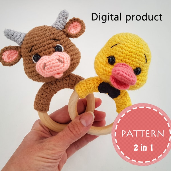 Crochet baby rattle Pattern: Bull Crochet Baby Toy and Duck Crochet Baby Toy, Baby Rattle /Teether, Holder Pattern, Amigurumi patterns