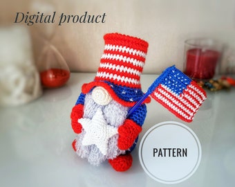 Patriotic gnome with flag, American gnome pattern, gnome crochet pattern, Independence Day pattern, 4th of july decor, Amigurumi patterns