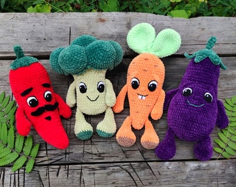 CUTE VEGETABLES Crochet patterns: amigurumi Hot Pepper, Broccoli, Eggplant and Carrot with eyes & hands, Plush crochet toys