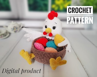 Crochet pattern amigurumi Easter hen basket with eggs, Easter decor Country chicken, crochet toy pattern, Amigurumi patterns