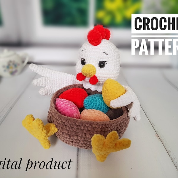 Crochet pattern amigurumi Easter hen basket with eggs, Easter decor Country chicken, crochet toy pattern, Amigurumi patterns