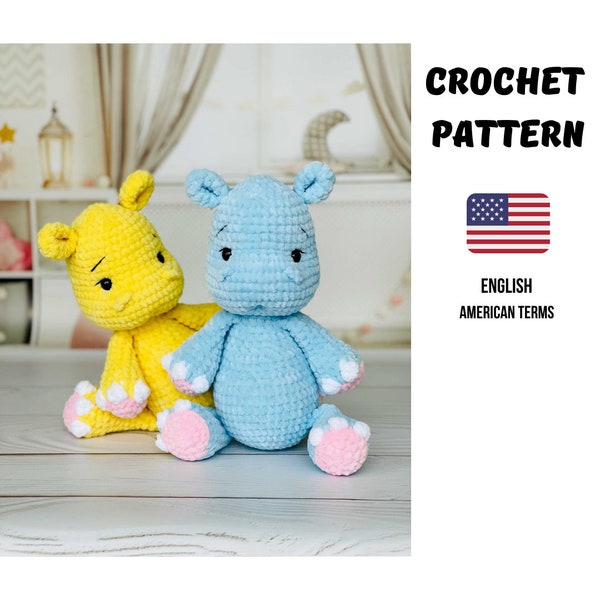 Hippo Crochet Pattern / Safari Stuffed Animal / Easy to follow Pdf Pattern in English / Amigurumi toy hippopotamus /Crochet animals patterns