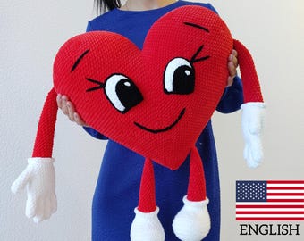 CROCHET HUGGING HEART pattern, Amigurumi  Big plush heart pillow with hands, eyes & legs, Stuff Cuddle Heart, Valentine's  Plush crochet toy