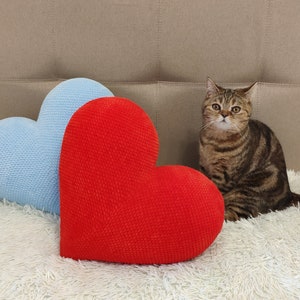 May include: A brown tabby cat sits on a white fluffy surface with two heart-shaped pillows. One pillow is light blue and the other is red.