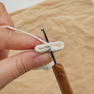 May include: A close-up of a white crocheted piece being worked on with a crochet hook. The hook is made of wood and has a metal hook.