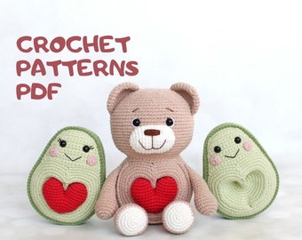 Combo Bear in Love and Avocados in Love Patterns – Valentine’s Day Amigurumi Crochet Pattern PDF in English, fruit animals