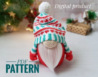 May include: Crochet pattern for a gnome wearing a red and white striped hat with a white pom pom. The gnome has a white beard and red cheeks. The pattern is a digital download.