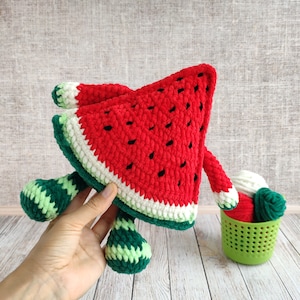 CROCHET WATERMELON PATTERN, Amigurumi watermelon slice with eyes and hands, Plush Soft toy Fruits, Plush crochet toys image 5