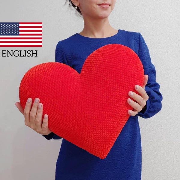 Patrón de ALMOHADA DE CORAZÓN A GANCHILLO, Amigurumi de corazón rojo de peluche grande, regalo de San Valentín, juguetes de peluche a crochet