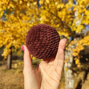 K&ouml;nnte beinhalten: Ein brauner, flauschiger Ball, der in einer Hand vor einem verschwommenen Hintergrund aus gelben Herbstbl&auml;ttern gehalten wird.