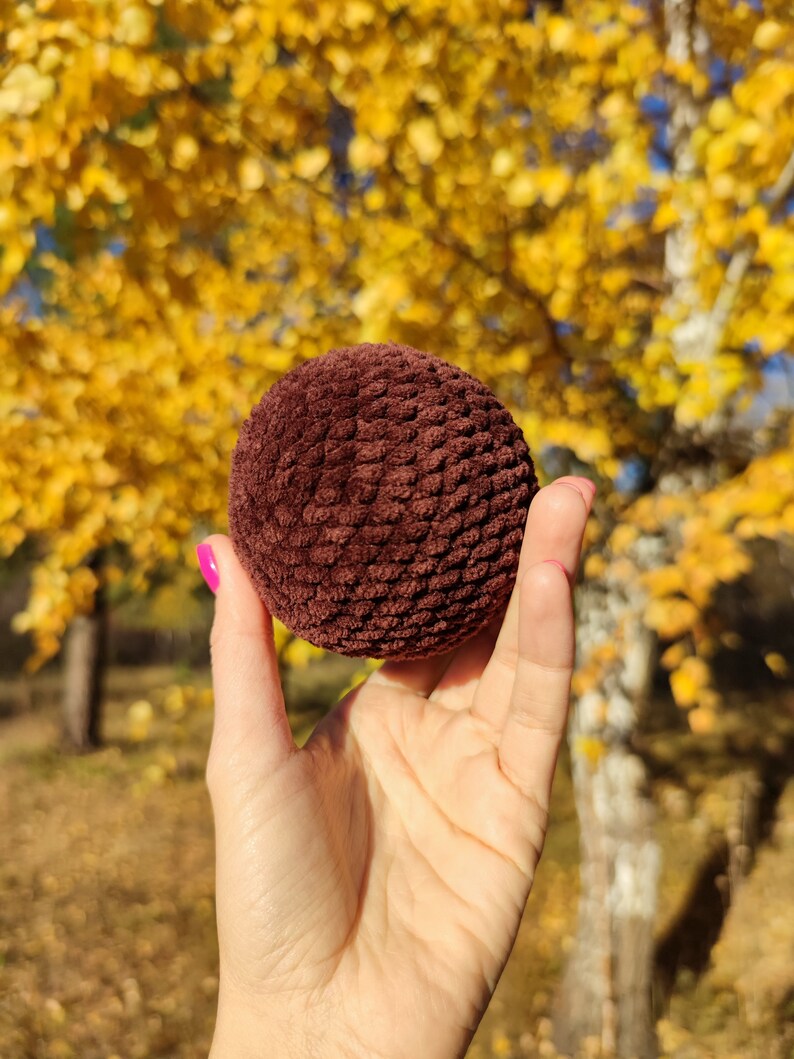 K&ouml;nnte beinhalten: Ein brauner, flauschiger Ball, der in einer Hand vor einem verschwommenen Hintergrund aus gelben Herbstbl&auml;ttern gehalten wird.