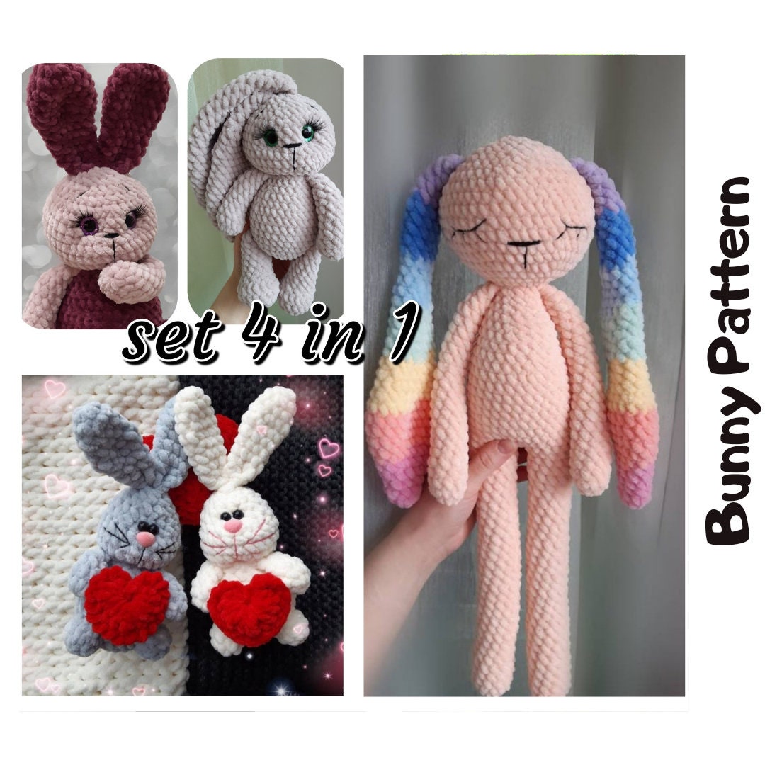 Crochet Set Bunny Pattern 4 in 1, Mini Plush Bunny, Rainbow Long Legged ...