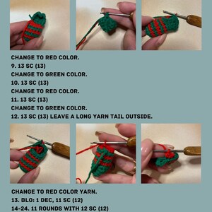 May include: Crochet instructions for making two legs for a stuffed toy. The instructions include working 13 single crochet stitches in a circle, changing colors, and stuffing the legs with fiberfill.
