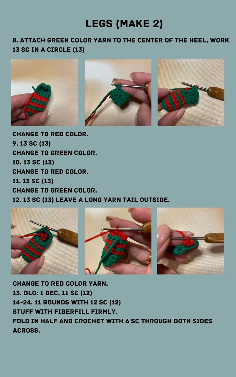 May include: Crochet instructions for making two legs for a stuffed toy. The instructions include working 13 single crochet stitches in a circle, changing colors, and stuffing the legs with fiberfill.