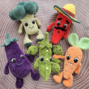 CUTE VEGETABLES Crochet patterns: Hot Pepper, Broccoli, Eggplant, Green Peas , Carrot with eyes and hands, Plush crochet toys